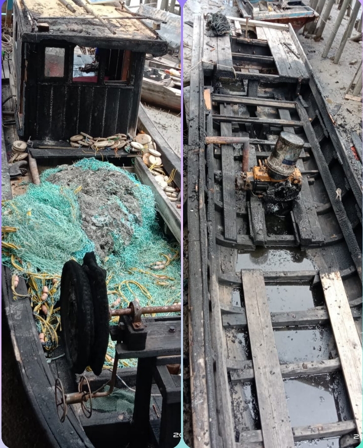 Dua kapal nelayan di Desa Tanjung Kulim Kecamatan Merbau, Kepulauan Meranti terbakar
