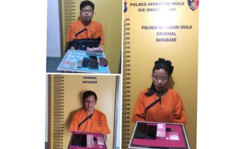 Tiga tersangka pengedar narkoba diamankan di Mapolres Inhu.(foto: andri/halloriau.com)