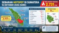 Sebaran titik panas di Sumatera dan Riau sore ini.(infografis/halloriau.com)