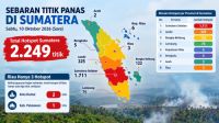 Sebaran titik panas di Sumatera dan Riau sore ini.(infografis/halloriau.com)