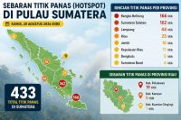 Sebaran titik panas di Sumatera dan Riau sore ini.(infografis/halloriau.com)