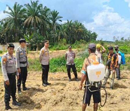 Polsek Simpang Kanan bersama dua  Kelompok Tani melakukan pengecekan progres lahan yang akan ditanami jagung. (Foto: Afrizal)