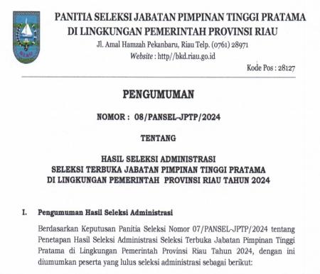 Ilustrasi pengumuman seleksi administrasi eselon II Pemprov Riau (foto/int)