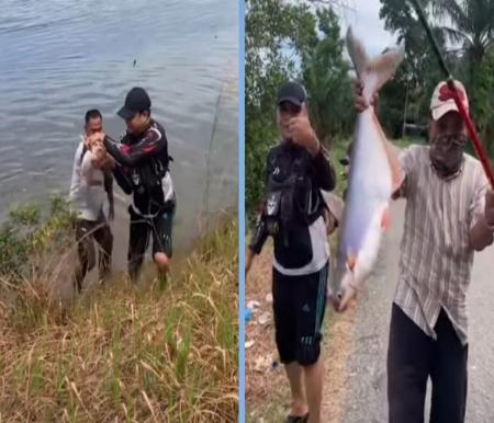 Pemancing dapat ikan patin di Danau Buatan Rumbai, Pekanbaru (foto/IG PkuFolk)