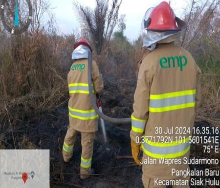 Tim Fire Fighting EMP Bentu Limited bersama pemerintah dan masyarakat Desa Pangkalan Baru, Siak Hulu padamkan kebakaran lahan (foto/ist)