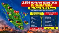 Sebaran titik panas di Sumatera dan Riau sore ini.(infografis/AI/halloriau.com)