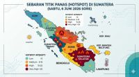 Sebaran titik panas di Sumatera dan Riau sore ini.(infografis/halloriau.com)