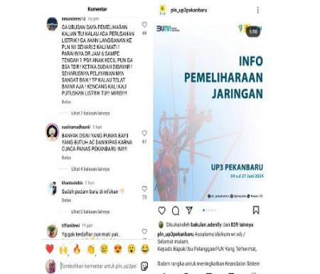 Akun Instagram PLN Pekanbaru diserang warganet.(foto: mimi/halloriau.com)