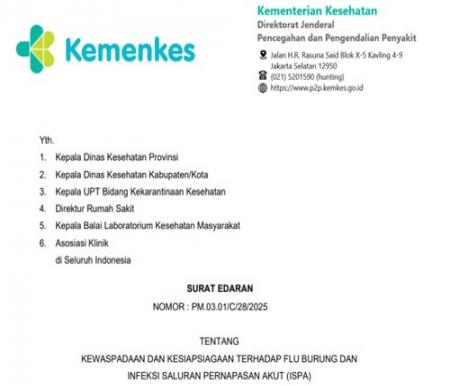 Surat edaran dari Kemenkes tentang antisipasi penyebaran flu burung. (Foto: Tangkapan Layar Surat Edaran Kemenkes)