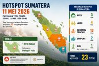 Sebaran titik panas di Sumatera dan Riau sore ini.(infografis/halloriau.com)