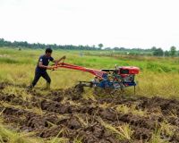 Medy, Ketua Kelompok Tani Tanjung Pulai menggemburkan lahan sawah menggunakan hand tractor bantuan CD RAPP.