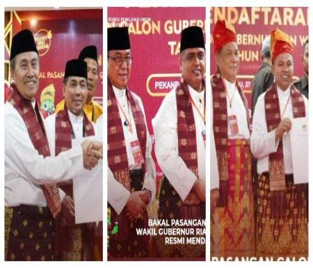 Tiga paslon Gubri (kiri-kanan) Syamsuar-Mawardi, Nasir-Wardan dan Abdul Wahid-SF Hariyanto saat daftar ke KPU Riau. 