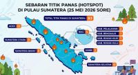 Sebaran titik panas di Sumatera dan Riau sore ini.(infografis/halloriau.com)