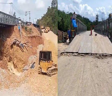 Arus kendaraan di Desa Tanjung Alai, Kampar pakai sistem buka-tutup akibat longsor (foto/ist)